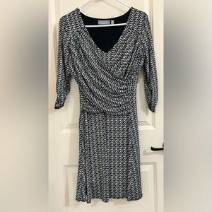 B-Slim NY Collection Petite Black/White Faux Wrap Ruched ¾ sleeve dress